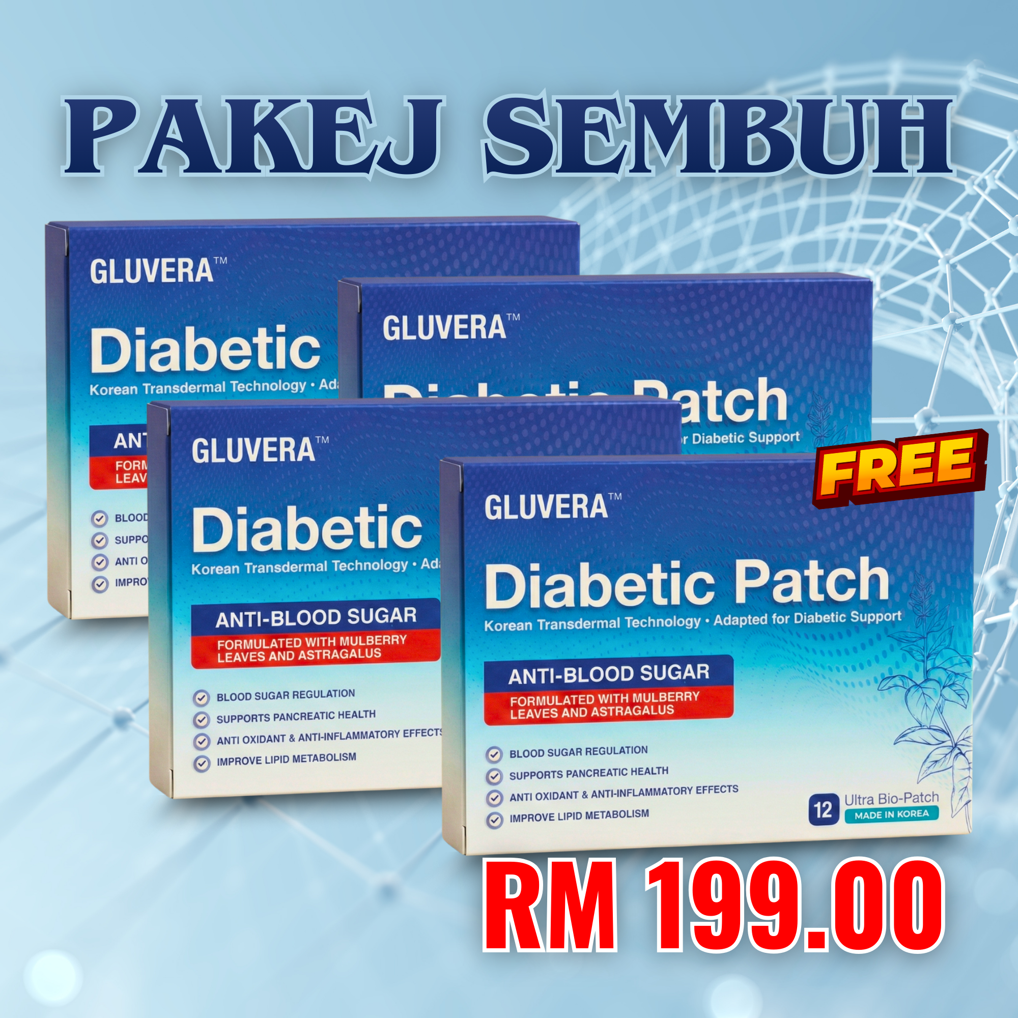 PAKEJ SEMBUH ( 3 KOTAK GLUVERA DIABETIC PATCH + FREE 1 KOTAK GLUVERA DIABETIC PATCH )