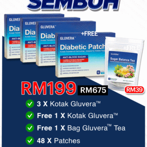 PAKEJ SEMBUH ( 3 KOTAK GLUVERA DIABETIC PATCH + FREE 1 KOTAK GLUVERA DIABETIC PATCH + FREE GLUVERA TEA)