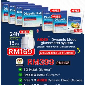 PAKEJ KONSISTEN ( 4 KOTAK GLUVERA DIABETIC PATCH + FREE 2 KOTAK GLUVERA DIABETIC PATCH + FREE GLUVERA TEA + FREE GLUCOMETER)